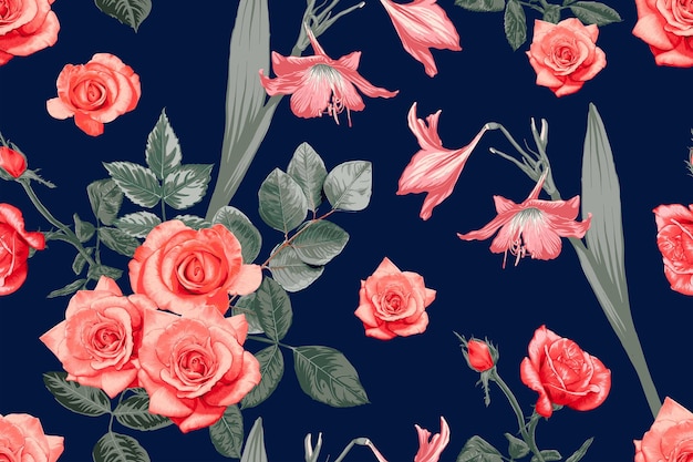 Patrón sin costuras floral hermosa rosa y lirio flores vintage fondo abstracto