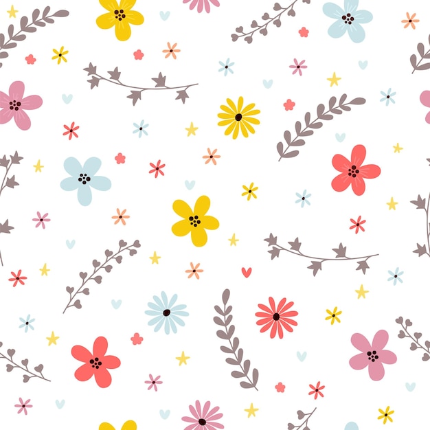 Patrón sin costuras floral de verano con hojas, ramas y flores Fondo floral de primavera