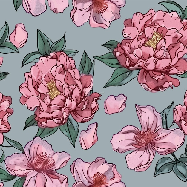 Patrón sin costuras floral vintage con hermosas flores y pétalos japoneses rosados