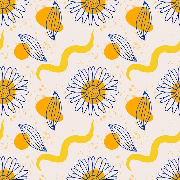 Patrón sin costuras de flores abstractas Línea dibujada a mano flores silvestres y hojas con formas coloridas decoración moderna colores brillantes fondo botánico Decoración textil papel de envolver papel tapiz vector impresión
