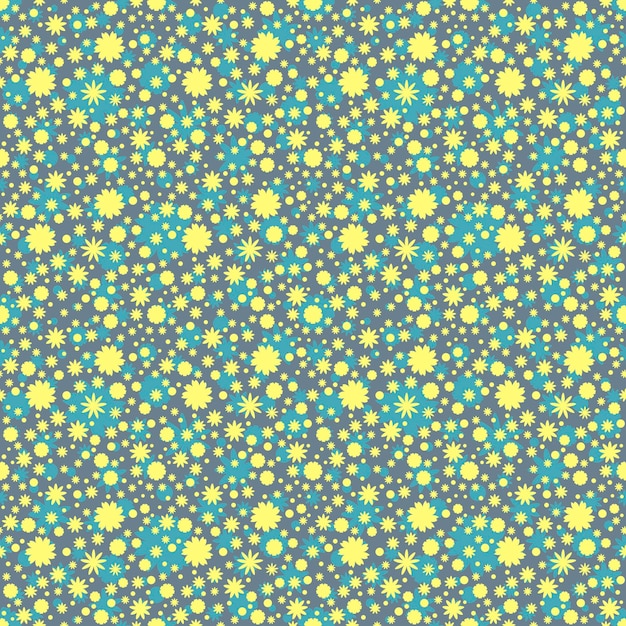 Patrón sin costuras con flores amarillas, azules, estrellas, puntos sobre fondo gris.