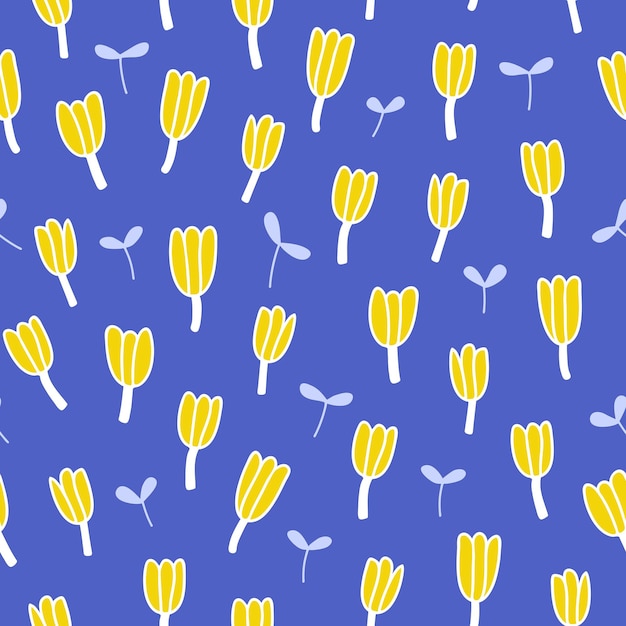 Patrón sin costuras con flores amarillas dibujadas a mano sobre fondo azul. Diseño simple para textiles.