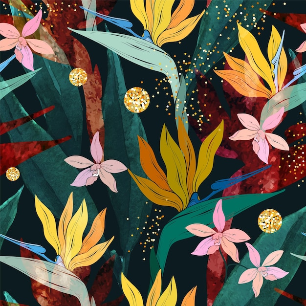 Patrón sin costuras de flores de ave del paraíso, plantas de la selva y hojas, textura de acuarela, diseño de papel tapiz, estilo moderno