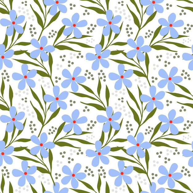 Patrón sin costuras con flores azules sobre un fondo blanco.