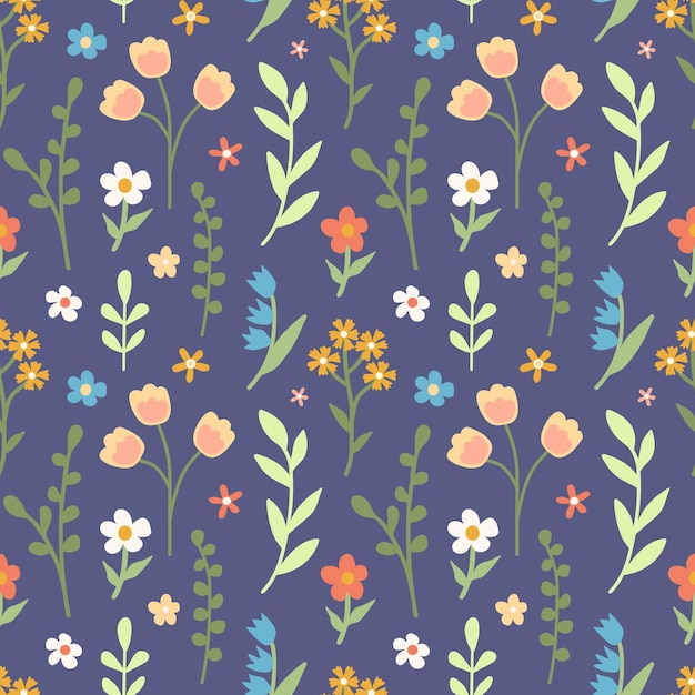 Patrón sin costuras con flores bonitas y simples sobre un fondo azul en estilo plano