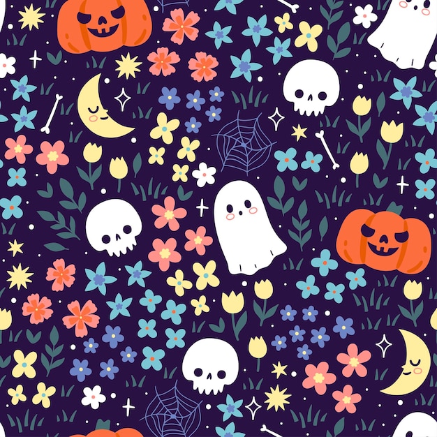 Patrón sin costuras con flores, calabazas, calaveras y fantasmas, imagen vectorial