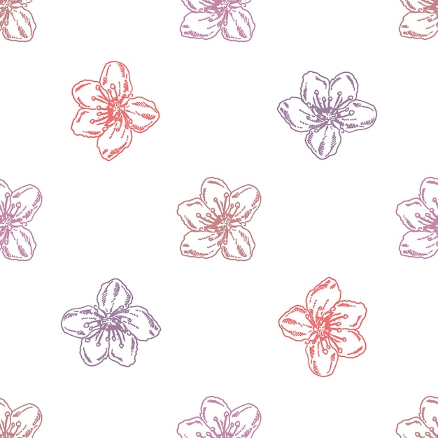 Patrón sin costuras de flores de cerezo dibujadas a mano en estilo vintage en colores pastel