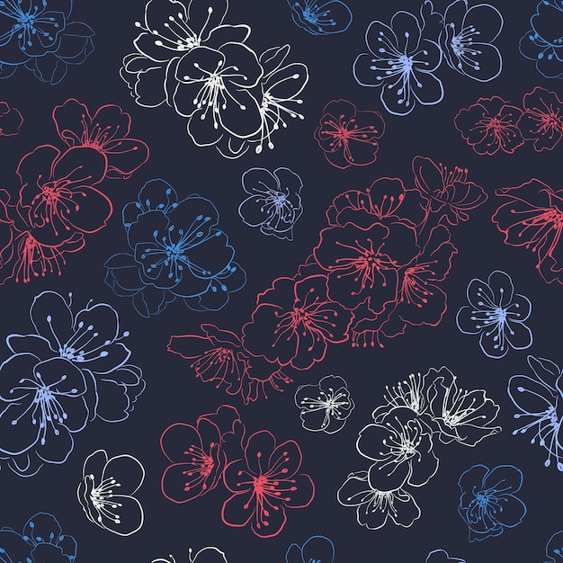 Patrón sin costuras de flores de cerezo multicolores en azul oscuro