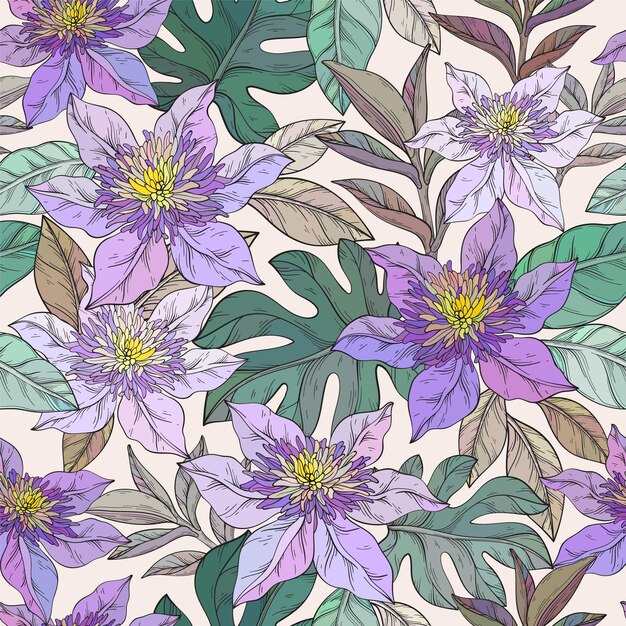 Patrón sin costuras con flores Clematis Fondo floral para papel tapiz Tela estampada Textil Verano Flores púrpuras y hojas Ilustración vectorial
