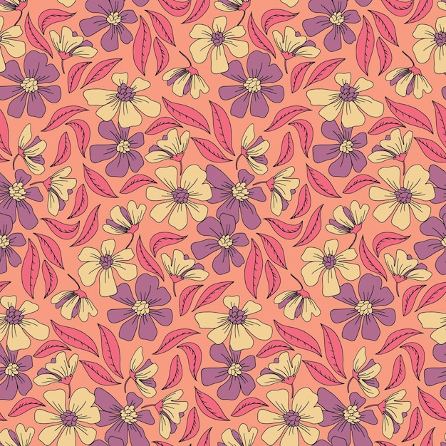Patrón sin costuras con flores en colores rosa pastel Patrón floral retro con grandes flores y hojas Ilustración botánica vectorial de dibujo de contorno