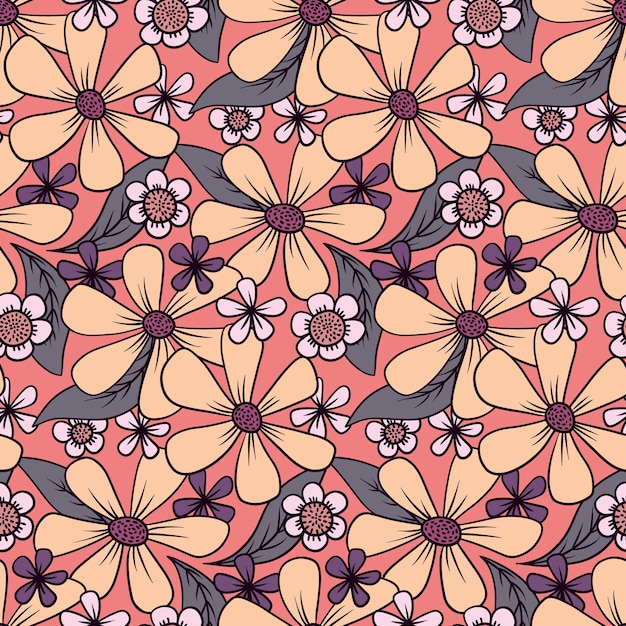 Patrón sin costuras con flores de contorno y hojas en un campo rosa. Patrón retro floral con prado floreciente. Diseño de fondo botánico simple. ilustración vectorial