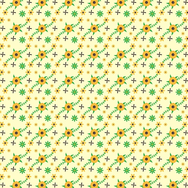 Patrón sin costuras con flores y cruces sobre un fondo amarillo
