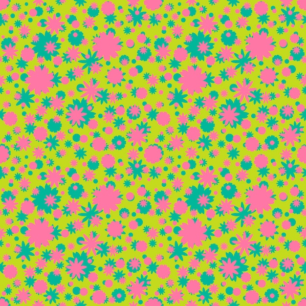 Patrón sin costuras con flores ditsy rosas, verdes, puntos sobre fondo verde. Fondo de flores.