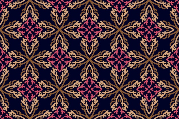 un patrón sin costuras con flores doradas y rosadas en un fondo azul oscuro