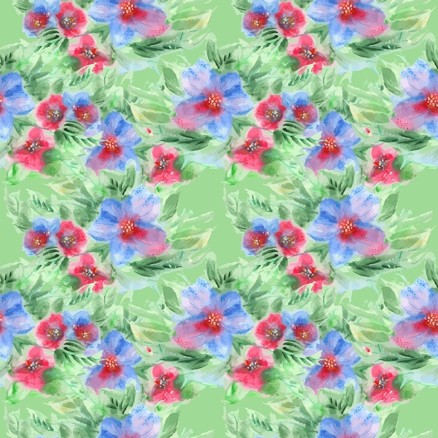 Patrón sin costuras con flores elegantes, pequeñas flores azules y rosas, hojas en un campo verde claro
