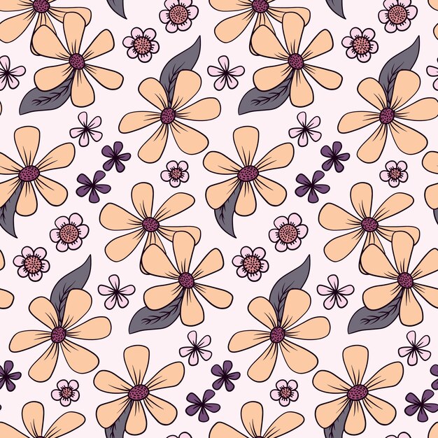 Patrón sin costuras con flores en un estilo retro Patrón floral con flores y hojas de contorno Ejecución simple colores apagados Ilustración vectorial