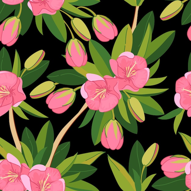 Patrón sin costuras con flores exóticas rosas en estilo plano sobre fondo negro Fondo vectorial de Mauricio Trochetia boutoniana Ilustración Símbolo nacional de Maurició