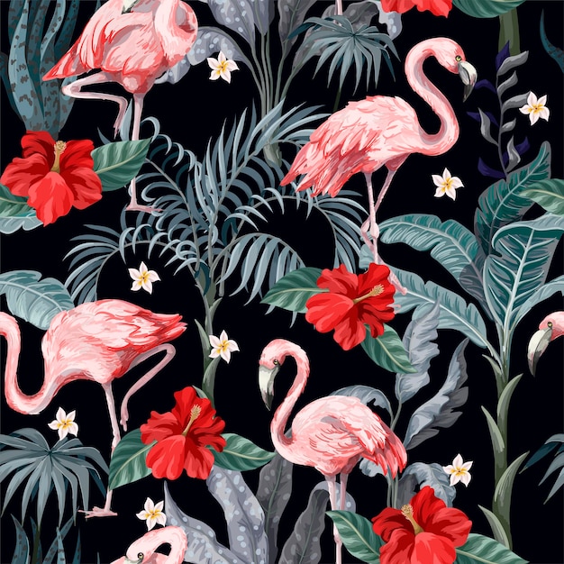 Patrón sin costuras con flores de flamenco rosado y vector de la selva