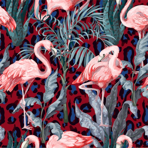 Patrón sin costuras con flores de flamenco rosado y vector de la selva