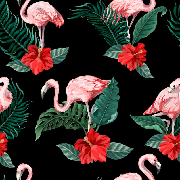 Patrón sin costuras con flores de flamenco rosado y vector de la selva