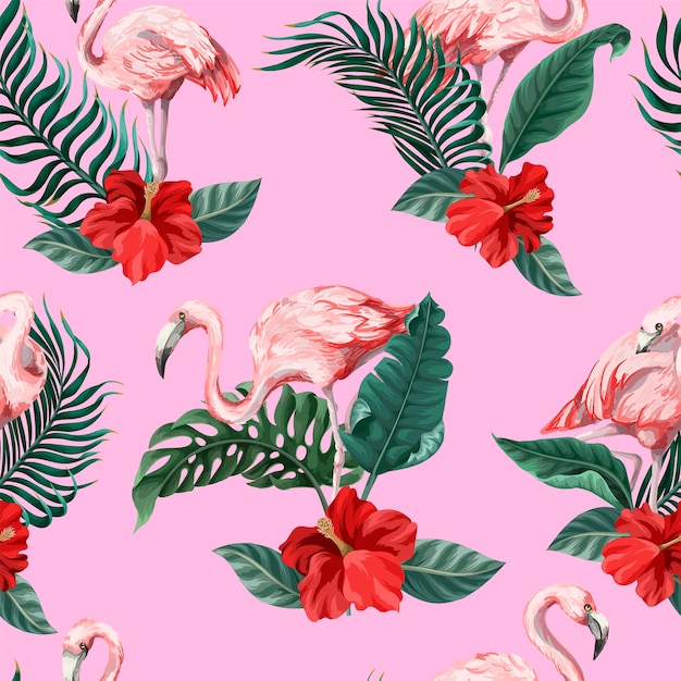 Patrón sin costuras con flores de flamenco rosado y vector de la selva
