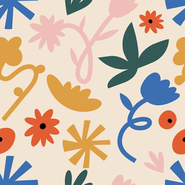 Patrón sin costuras con flores geométricas ingenuas doodle con signos florales