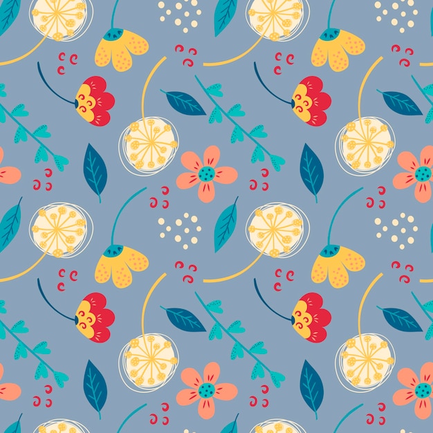 Patrón sin costuras con flores y hojas brillantes en una ilustración vectorial de fondo azul para el