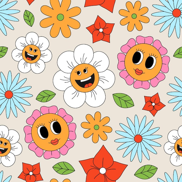 Patrón sin costuras con flores y hojas Concepto de primavera verano Vector de dibujos animados de estilo retro