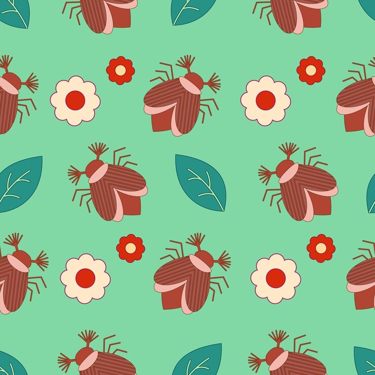 Vector patrón sin costuras de flores y hojas de may bug chafer en un fondo verde ilustración vectorial