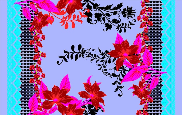 un patrón sin costuras de flores y hojas rojas sobre un fondo azul.