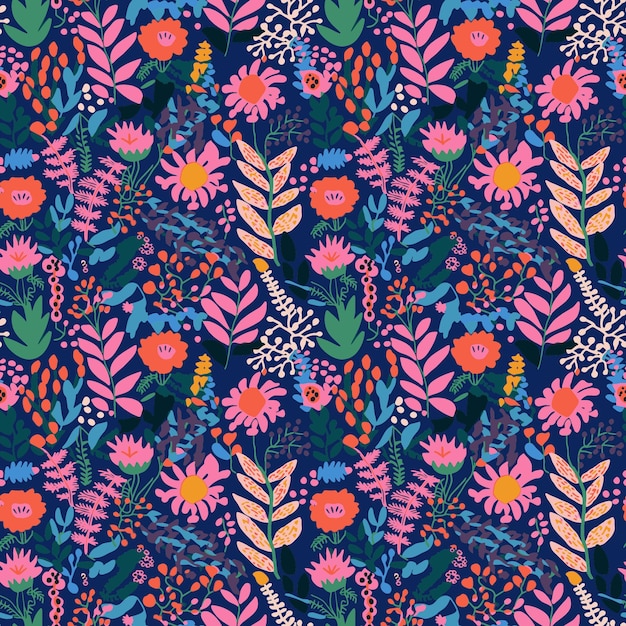 Un patrón sin costuras con flores y hojas.