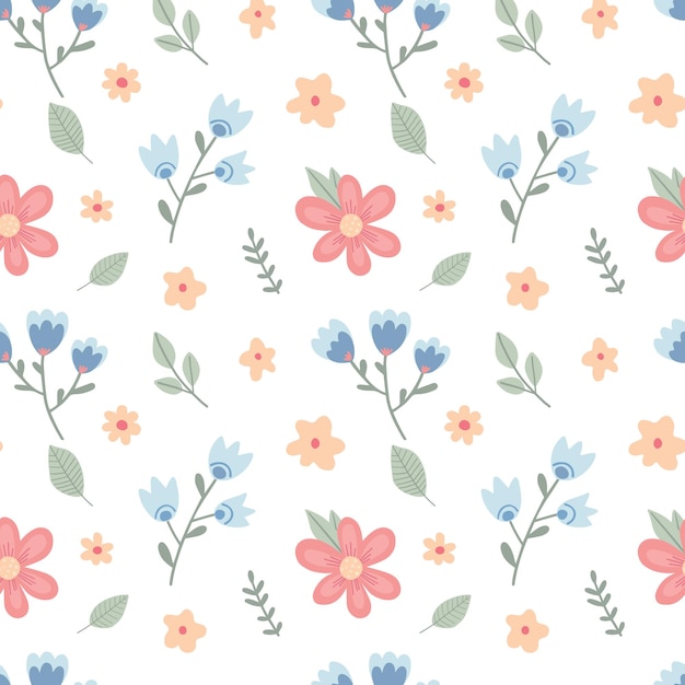Patrón sin costuras con flores infantiles sobre fondo blanco Linda ilustración vectorial con elementos florales para telas y textiles de diseño