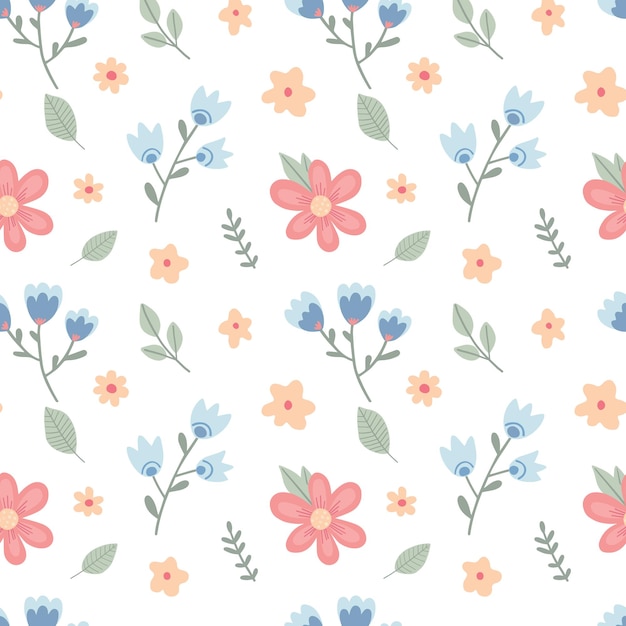 Patrón sin costuras con flores infantiles sobre fondo blanco Linda ilustración vectorial con elementos florales para telas y textiles de diseño