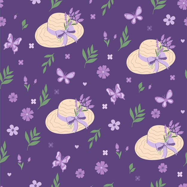 Patrón sin costuras con flores de lavanda mariposas y sombreros gráficos vectoriales