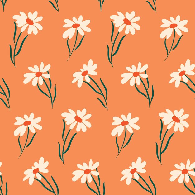 Patrón sin costuras con flores de manzanilla en un campo naranja Estampado floral simple con flores dibujadas a mano Fondo floral romántico de verano Ilustración vectorial