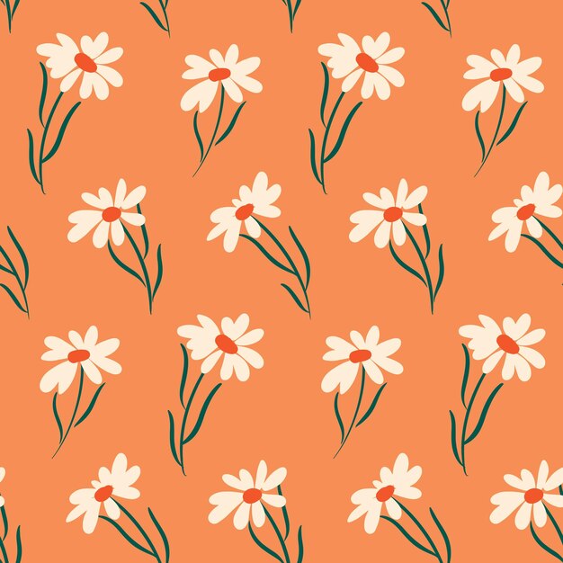 Patrón sin costuras con flores de manzanilla en un campo naranja estampado floral simple con flores dibujadas a mano fondo floral romántico de verano ilustración vectorial