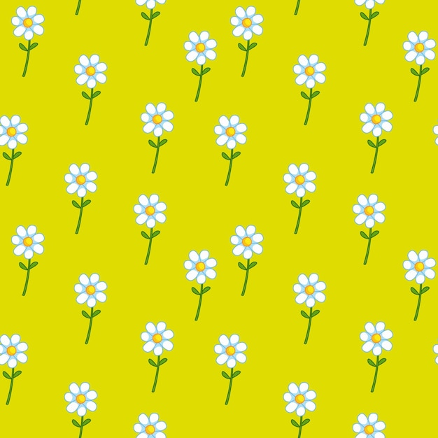 Patrón sin costuras con flores de manzanilla y ramas verdes en la ilustración de primavera minimalista