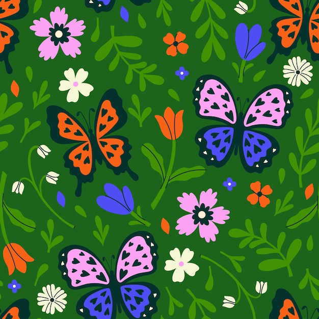 Patrón sin costuras con flores y mariposas exóticas