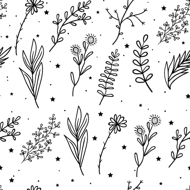 Patrón sin costuras Flores místicas y ramas y hojas con estrellas Símbolo de astrología dibujado a mano Para imprimir para camisetas y bolsos elemento de decoración Ilustración de astrología mística y mágica