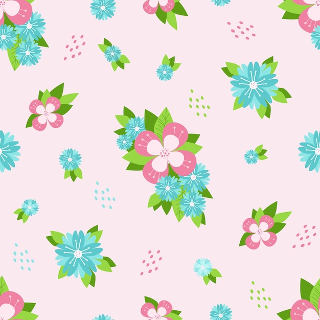 Patrón sin costuras Flores multicolores y hojas sobre fondo rosa claroPatrón floreciente botánico