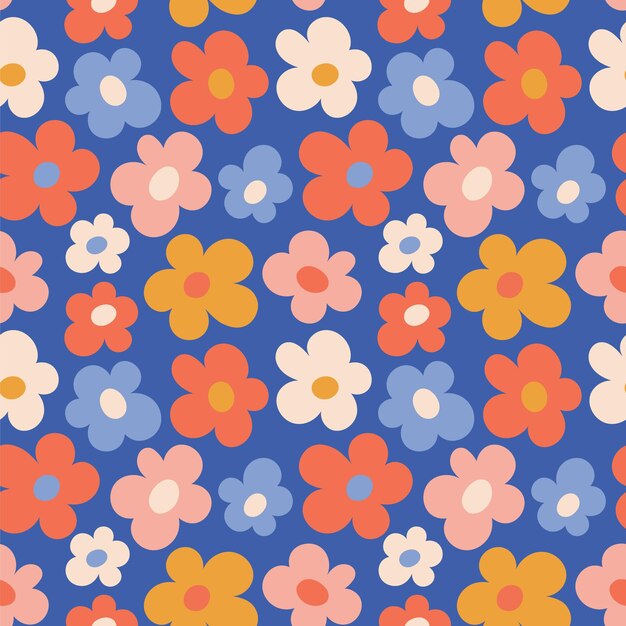 Patrón sin costuras de flores multicolores simples sobre un fondo azul