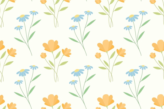 Patrón sin costuras de flores naranjas y azules con hojas verdes sobre un fondo blanco