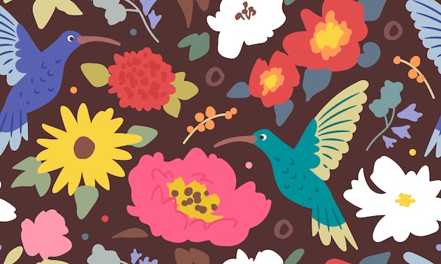 Patrón sin costuras con flores y pájaros garabateados