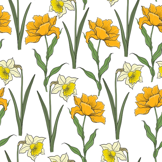 Patrón sin costuras con flores pintadas de colores tulipanes y narcisos sobre un fondo blanco