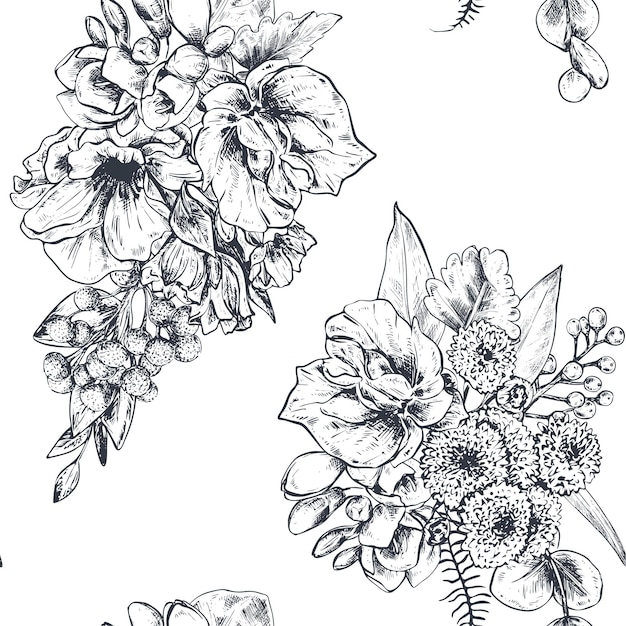 Patrón sin costuras con flores y plantas dibujadas a mano en estilo boceto fondo de naturaleza sin fin de vector monocromo para diseño romántico de bodas