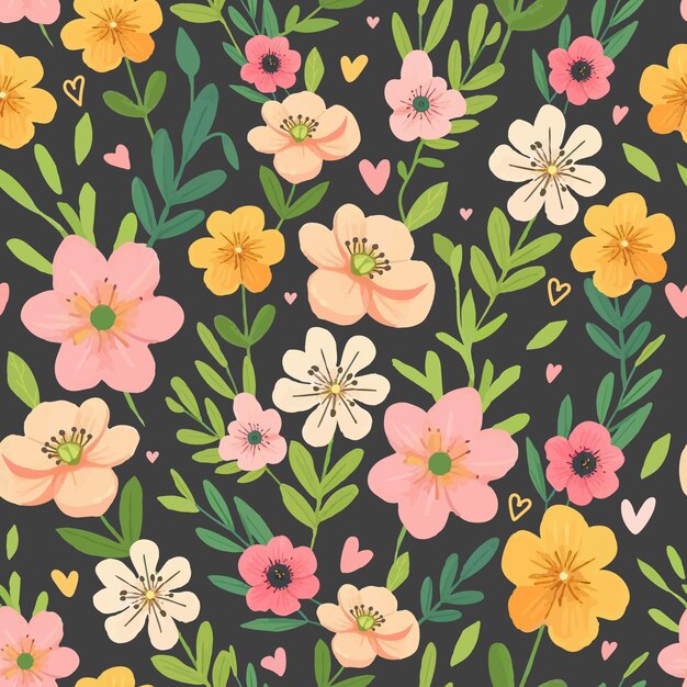 Patrón sin costuras de flores de primavera sobre un fondo negro Ilustración vectorial