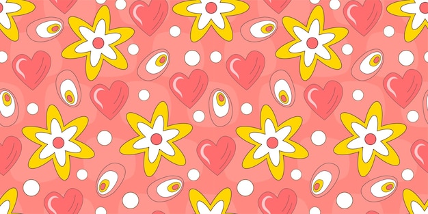 Patrón sin costuras con flores retro 70 Patrón geométrico maravilloso psicodélico con flores Margarita y fondo hippie de corazón Ilustración de vector plano Fondo de pantalla psicodélico