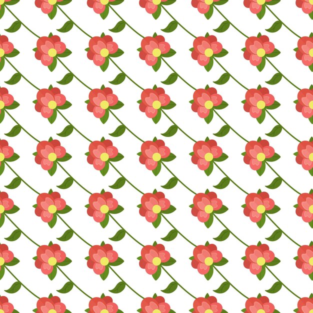 Patrón sin costuras de flores rojas abstractas con hojas verdes sobre un fondo blanco