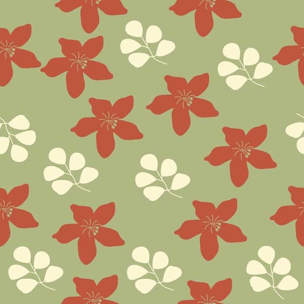 Patrón sin costuras con flores rojas y hojas amarillas pálidas sobre un fondo verde claro f minimalista