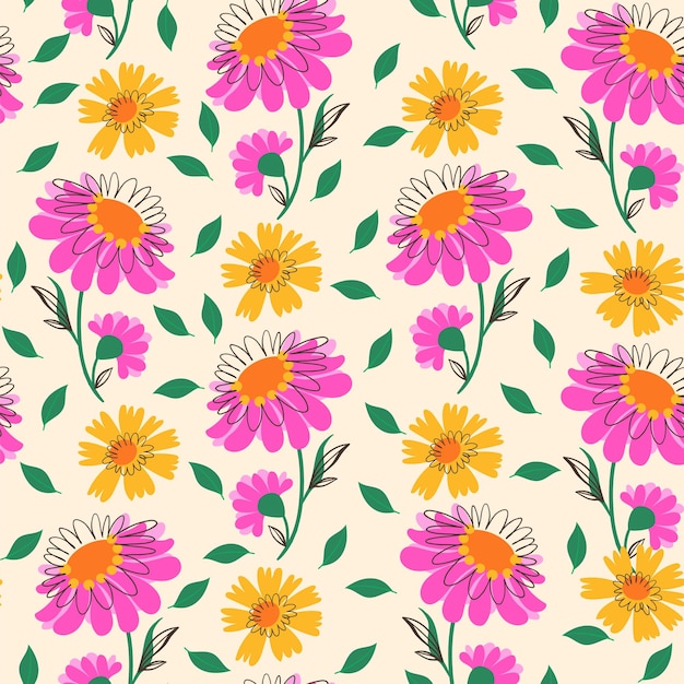 Patrón sin costuras con flores rosas y amarillas en estilo doodle flores coloridas con líneas lindas